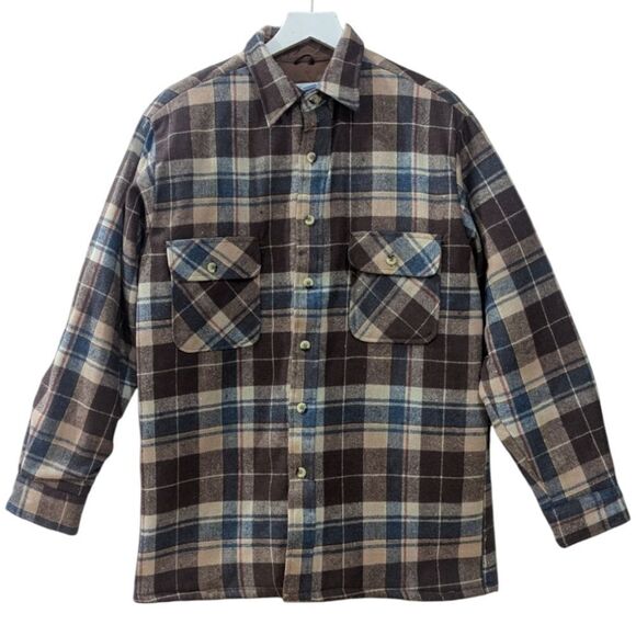 VTG Briggs Mens Medium Brown Plaid Flannel Quilted Wool Blend Shirt Jacket NWT - Picture 1 of 9